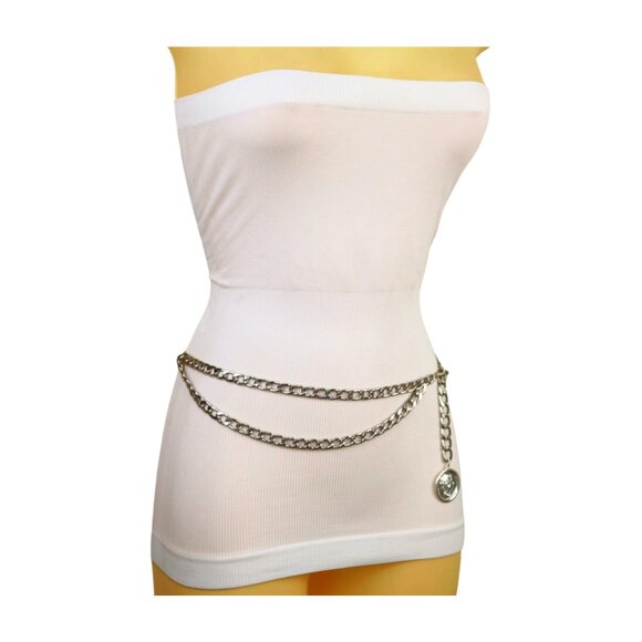 Women Silver Metal Chain Link Belt Hip High Waist Medallion Coin Charm M L XL main image 6